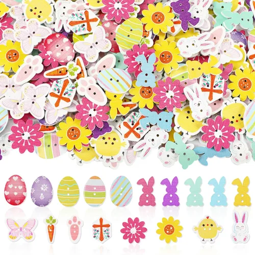 JUNEBRUSHS 260 Botones de Madera de Pascua de 2 Agujeros Flores Mariposas Cruces Pollitos Zanahorias Conejo Botones de Costura de Madera para Rosa y