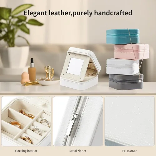 Miniatura 4 de Vee - Caja pequeña de joyería de viaje, mini organizador de joyas con espejo, caja de joyería portátil para aretes, anillos, collares, pulseras