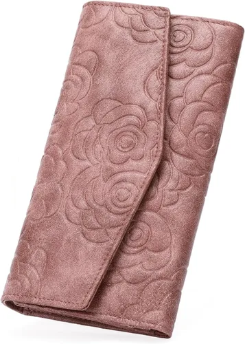 Miniatura 8 de GOIACII Cartera de mujer con bloqueo RFID para tarjetas de crédito, monedero con cremallera y bolsillo para monedas, flor en relieve, color rosa