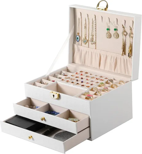 Miniatura 9 de Joyero de 3 capas, organizador de joyas con cajón organizador de joyas, grandes cajas de joyería y organizador con organizador de aretes