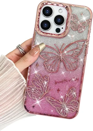 Miniatura 21 de BITOBE Diseñada para iPhone 15 Pro Max, bonita funda de mariposa 3D chapada en purpurina delgada para mujeres y niñas, protección de cámara, Negro