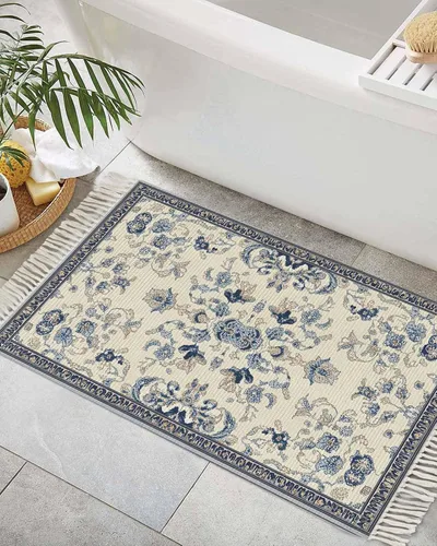 Miniatura 4 de Tassel Hand Woven Area Rug Retro Bohemia Navy Blue Pattern Entryway Rugs Washable Throw Mat,Tassel Carpets for Livingroom Kitchen Bedroom Dorm Decor