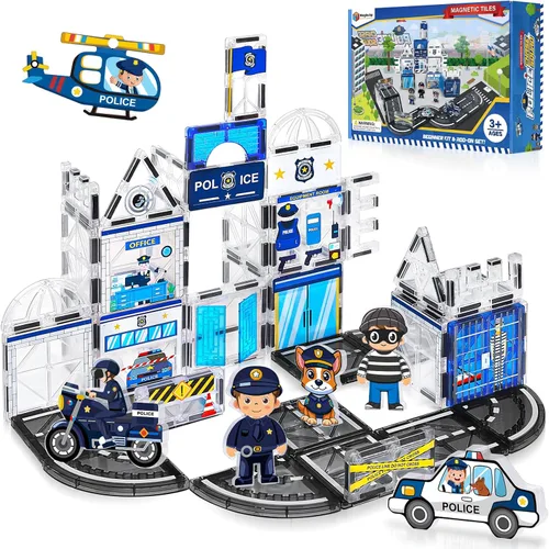 60 piezas de conjunto de azulejos magnéticos de estación de policía con 6 muñecas magnéticas, bloques de construcción de azulejos magnéticos para