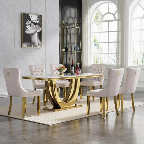 Miniatura 8 de Juego de mesa de comedor de 7 piezas con sillas, mesa de comedor de mármol sintético y sillas beige para 6, juego de mesa de comedor de oro blanco
