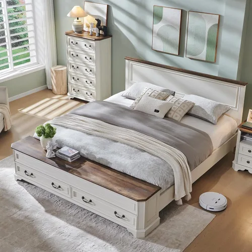 Miniatura 10 de T4TREAM Cama Queen de granja con cabecera y banco de almacenamiento, cama de plataforma de madera rústica con baúl de almacenamiento de 64 pulgadas