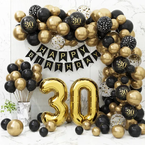 Decoraciones de 30 cumpleaños para él y ella, juego de globos de 30 cumpleaños negros y dorados para decoración de fiesta con pancarta de feliz 30
