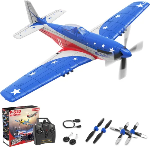 LEAMBE Avión RC de 4 Canales con Control Remoto con 3 Modos - Avión RC P51 Listo para Volar Mejorado para Principiantes Adultos con Sistema de