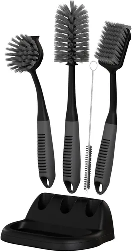 Juego de 5 cepillos para platos con soporte, cepillos de cocina con mango largo antideslizante para limpieza, fregador, lavavajillas, platos, Negro