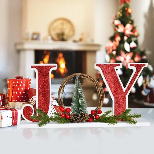 Miniatura 2 de Linfevisi Letrero de madera de Navidad con texto en inglés «Joy Christmas», letrero de madera con texto en inglés «Joy Block» para decoración