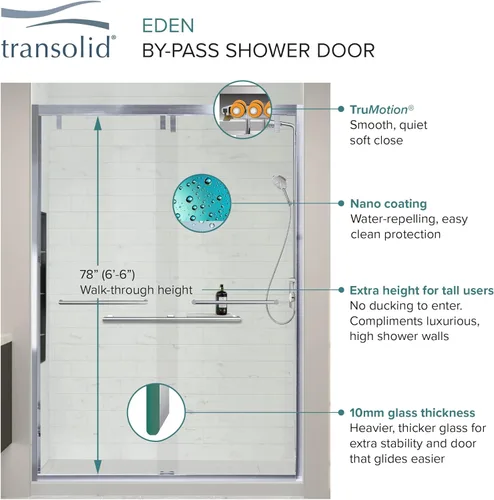 Miniatura 2 de Transolid EBPT608010C-T-CB Eden 56-60 pulgadas de ancho x 80 pulgadas de alto Puerta de ducha doble corredera sin marco con exclusiva tecnología