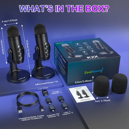 Miniatura 7 de ZealSound Micrófono de podcast, paquete de equipo de podcast para iPhone, PC, iPad Android, micrófono USB inalámbrico dual de 2.4 GHz con reducción