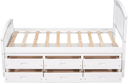 Miniatura 4 de Merax Cama de almacenamiento de madera maciza con 6 cajones, soporte de listones de madera, no necesita somier