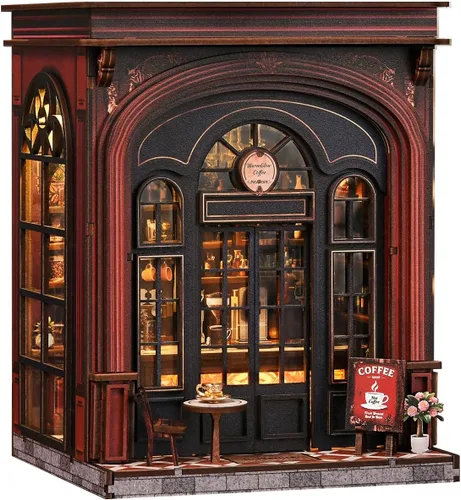 Miniatura 14 de Kit de rincón de libros para adultos, rompecabezas de madera 3D, kit de casa en miniatura de la biblioteca antigua con luz LED y cubierta antipolvo