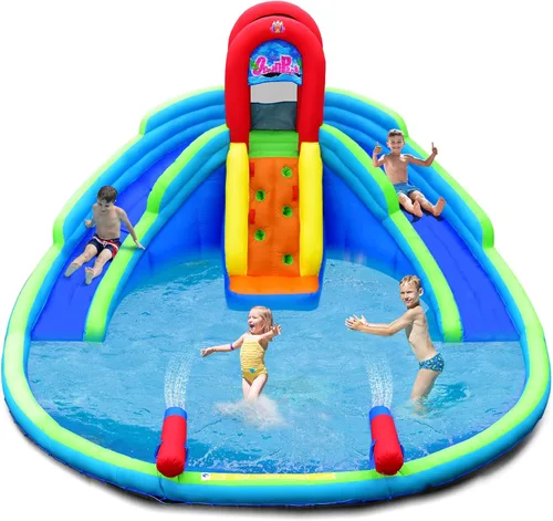 Miniatura 12 de HONEY JOY Toboganes acuáticos inflables, casa de rebote para niños con toboganes largos, pared de escalada y piscina grande para salpicaduras