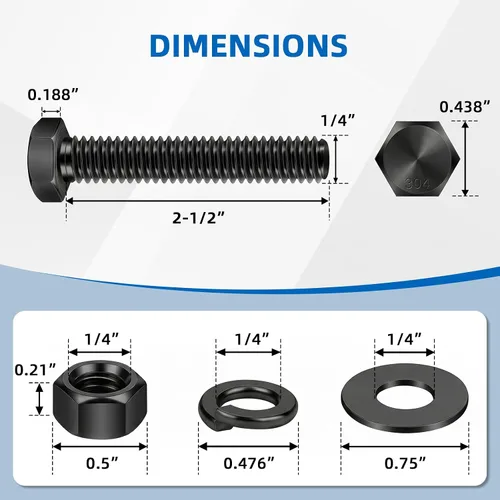 Miniatura 2 de 1/4-20 x 2-1/2" Tornillos de cabeza hexagonal, pernos, tuercas, arandelas planas y de bloqueo, rosca completa, acero inoxidable 18-8, acabado negro