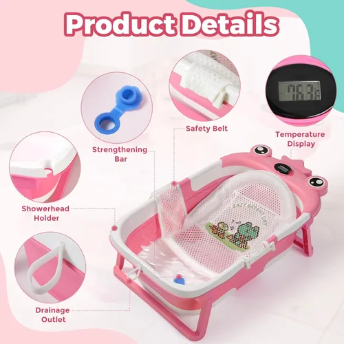 Miniatura 5 de Bañera para bebé, bañera plegable para bebé con cojín suave y termómetro, que ahorra espacio, plegable y de viaje, bañera para recién nacidos hasta