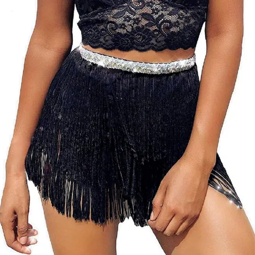 Zeelina Faldas de baile con flecos, falda de lentejuelas, falda envolvente con borlas brillantes, disfraz de fiesta rave para festival para mujer