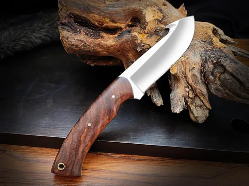 Miniatura 4 de Cuchillo de gancho de acero D2 hecho a mano - Hoja fija de espiga completa con mango de madera y funda de cuero - Cuchillo afilado para desollar