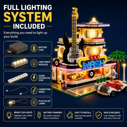 Miniatura 2 de General Jim's Tienda de música y lavado de autos Street View Modular City Building Block Set, 2,168 piezas con kit de luz Juguetes y ladrillos GJ