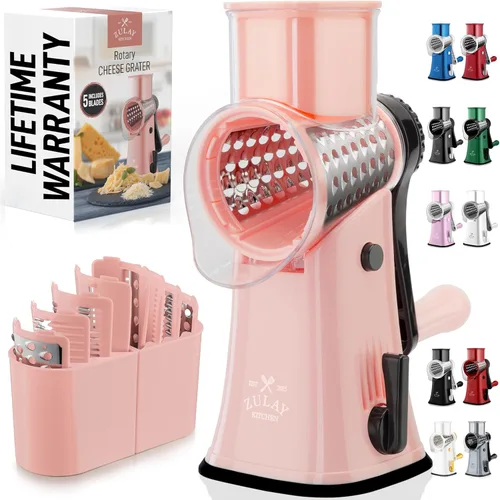 Zulay Kitchen Rallador Rotativo de Queso de 5 Cuchillas Rallador de Queso - Rallador de Queso Manual de Manivela con Succión Reforzada y 5 Tambores