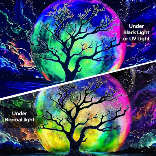 Miniatura 5 de Faxdong Tapiz de luna con luz negra, reactivo a los rayos UV, árbol lago, colorido estrellado, noche estrellada, galaxia, nubes espaciales, tapiz