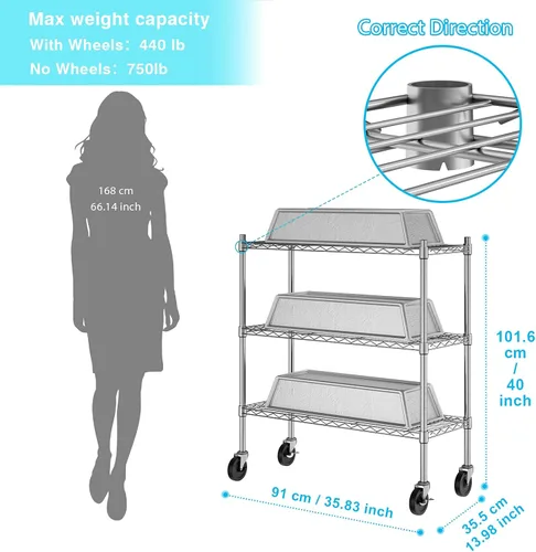 Miniatura 5 de Auslar - Estantería de almacenamiento con ruedas de 3 estantes, carrito rodante utilitario resistente de 3 niveles, estantes ajustables de alambre