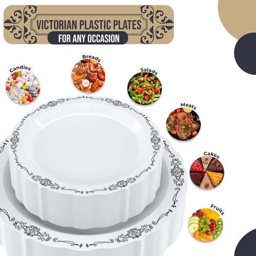 Miniatura 2 de Platos de plástico victorianos exquisitos, juego de 80 piezas para fiestas de 40 invitados - 40 x 7.5 pulgadas de postre y 40 x 10.25 pulgadas