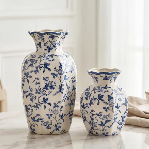 2 piezas de jarrones vintage de cerámica azul y blanco con diseño floral chinoiserie de 9.5'' y 6'', jarrones decorativos antiguos para decoración