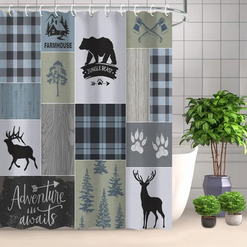 Miniatura 2 de RosieLily Cortina de ducha de cabaña, cortina de ducha rústica, cortinas de ducha de oso y ciervo, cortinas de ducha con 12 ganchos, juego