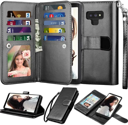 NJJEX Funda tipo cartera para Galaxy Note 9, para Note 9, piel sintética de lujo [9 ranuras para tarjetas] Funda con tapa para tarjeta de crédito de