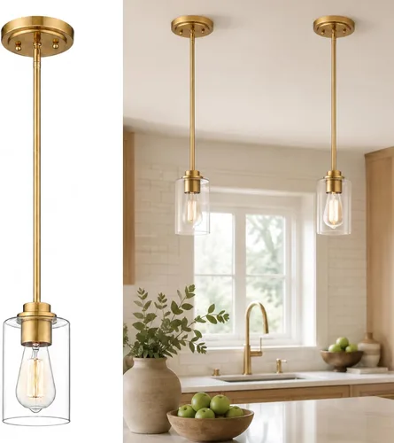 Miniatura 15 de Luces Colgantes de Latón para Isla de Cocina Paquete de 2, Luz Colgante Dorada Estilo Granja con Pantalla de Globo de Vidrio Transparente