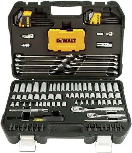 DEWALT Kit de herramientas mecánicas y juego de llaves, 142 piezas, 1/4 y 3/8" de transmisión, MM/SAE (DWMT73802)