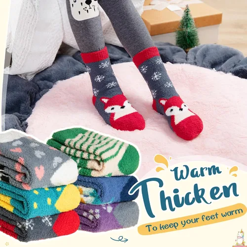Miniatura 2 de Calcetines peludos para niños, antideslizantes, suaves y esponjosos, calcetines cálidos de felpa acogedora para niños y niñas, 6 pares