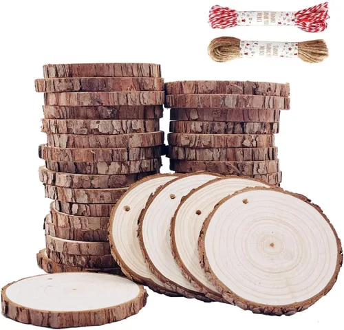 Rodajas de madera natural sin terminar 32 piezas de 3.5-4 pulgadas, juegos de posavasos de madera, kit de madera para manualidades preperforado con