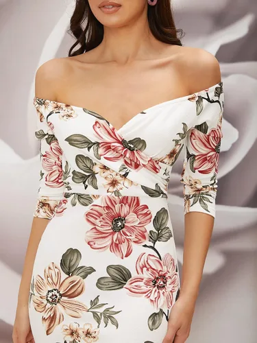 Miniatura 3 de Floerns Vestido largo ajustado con estampado floral y hombros descubiertos para mujer