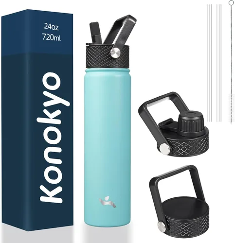 Miniatura 69 de Konokyo - Botella de agua aislada de 18 onzas, botellas deportivas de acero inoxidable con 3 tapas, verde militar