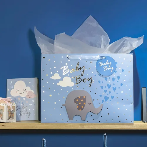 Miniatura 4 de MAYPLUSS Bolsa de regalo extra grande de 16 pulgadas con tarjeta de felicitación y papel de seda blanco, lindo bebé niño 3D haciendo bolsas