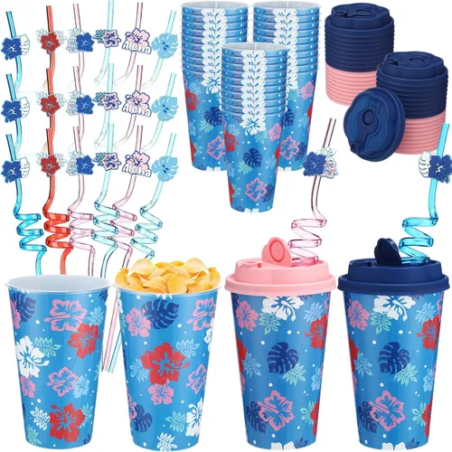 Miniatura 18 de Yungyan 16 juegos de tazas de golosinas con tapas y pajitas para decoraciones de cumpleaños, reutilizables, 16 onzas, vasos de plástico para dulces
