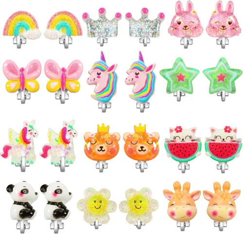 PinkSheep Aretes de clip para niñas y niños, 12 pares de aretes kawaii de mariquita, unicornio, arcoíris, princesa, regalo para niña