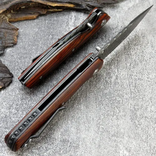 Miniatura 8 de Sitivien ST240 EDC Cuchillo plegable de acero Damasco con mango Dalbergia, bloqueo de hoja de núcleo VG10 y clip para cinturón, cuchillo de 240D