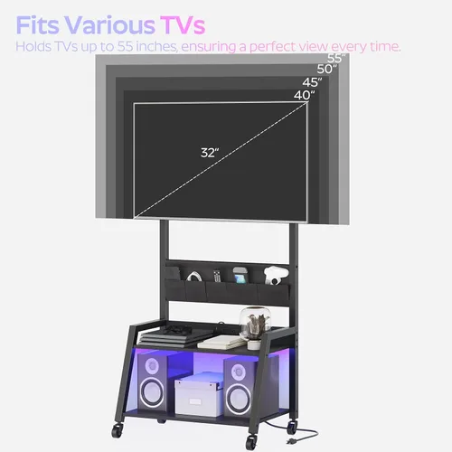 Miniatura 6 de YATINEY Soporte de TV móvil con toma de corriente, soporte de TV móvil con luz LED de hasta 55 pulgadas, carrito de TV con soporte, 5 bolsas de tela