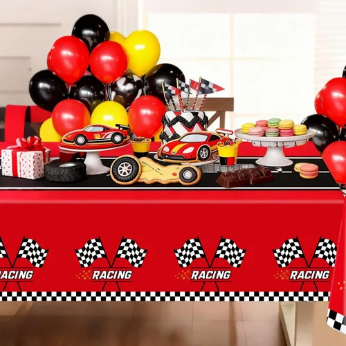 Miniatura 5 de Oigco - Paquete de 4 manteles de plástico de automóvil de carreras, decoraciones de cumpleaños de autos, mantel a cuadros para decoración