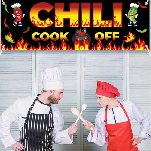Miniatura 3 de Cartel de Chili Cook Off, pancarta de tela para concurso de 41 x 24 pulgadas, suministros para fiestas mexicanas (41.3 x 23.6 in)