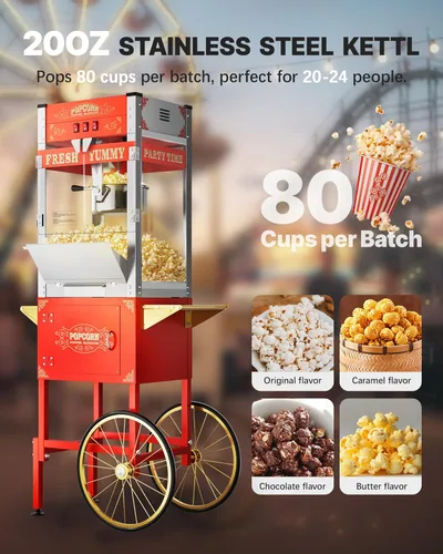Miniatura 2 de Carro comercial de máquina de palomitas de maíz de 20 onzas, máquina para hacer palomitas de maíz mejorada con hervidor de acero inoxidable que hace