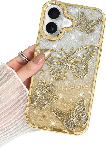 Miniatura 11 de BITOBE Diseñada para iPhone 15 Pro Max, bonita funda de mariposa 3D chapada en purpurina delgada para mujeres y niñas, protección de cámara, Negro