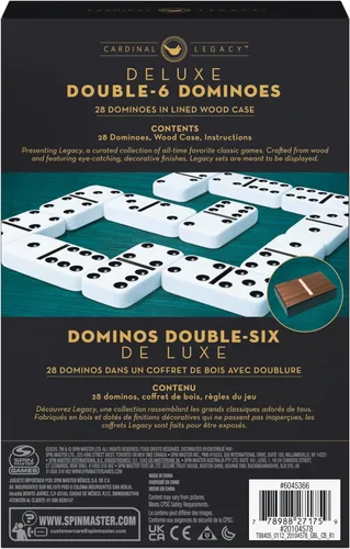 Miniatura 9 de Spin Master Games, Cardinal Legacy Deluxe Double 6 Dominoes, juego de mesa clásico juego de 28 dominó en estuche de madera forrado, para niños
