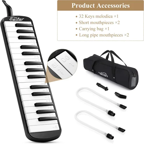 Miniatura 2 de Eastar Melódica de 32 Teclas Instrumento de Teclado Piano de Aire Soprano con 2 Boquillas Dobles con Tubo, Bolsa de Transporte, Negro
