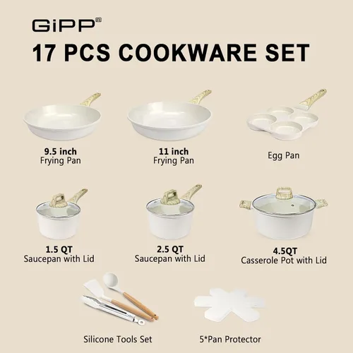 Miniatura 2 de GiPP Juego de ollas y sartenes de cerámica antiadherentes, juego de 17 utensilios de cocina antiadherentes, juego de cocina saludable y no tóxico