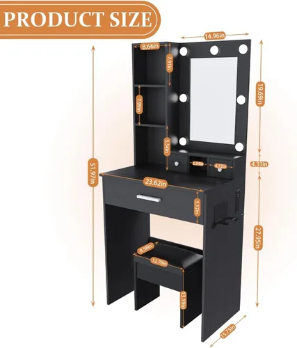 Miniatura 3 de Mesa de tocador con espejo y luces LED ajustables, toma de corriente, soporte para secador de pelo y taburete, para dormitorio pequeño