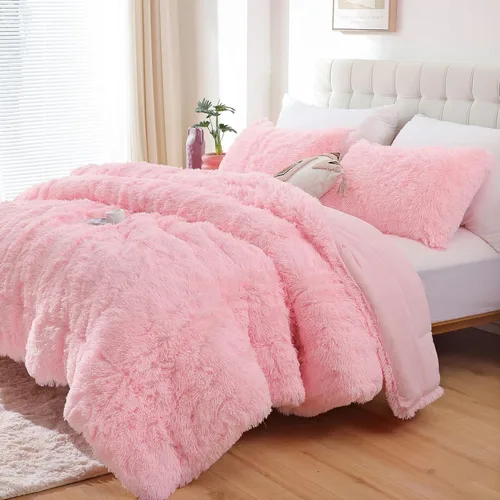 Smoofy Juego de edredón esponjoso de tamaño Full, juego de edredón rosa de piel sintética, juego de ropa de cama mullido de lujo, juego de ropa de